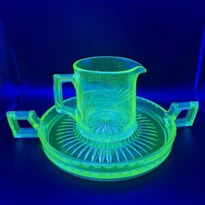 Paden City Uranium Glass‎ 323 Sugar Cube Vaseline Glow Tray Pitcher Cream Sugar